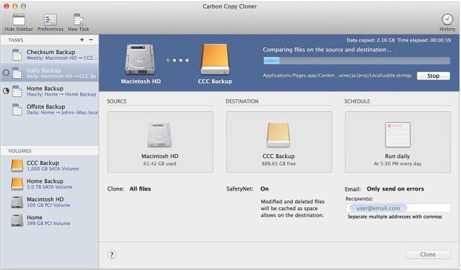 Carbon Copy Cloner will automatically run a scheduled backup of your internal disk and will copy only files that have changed since the previous run..